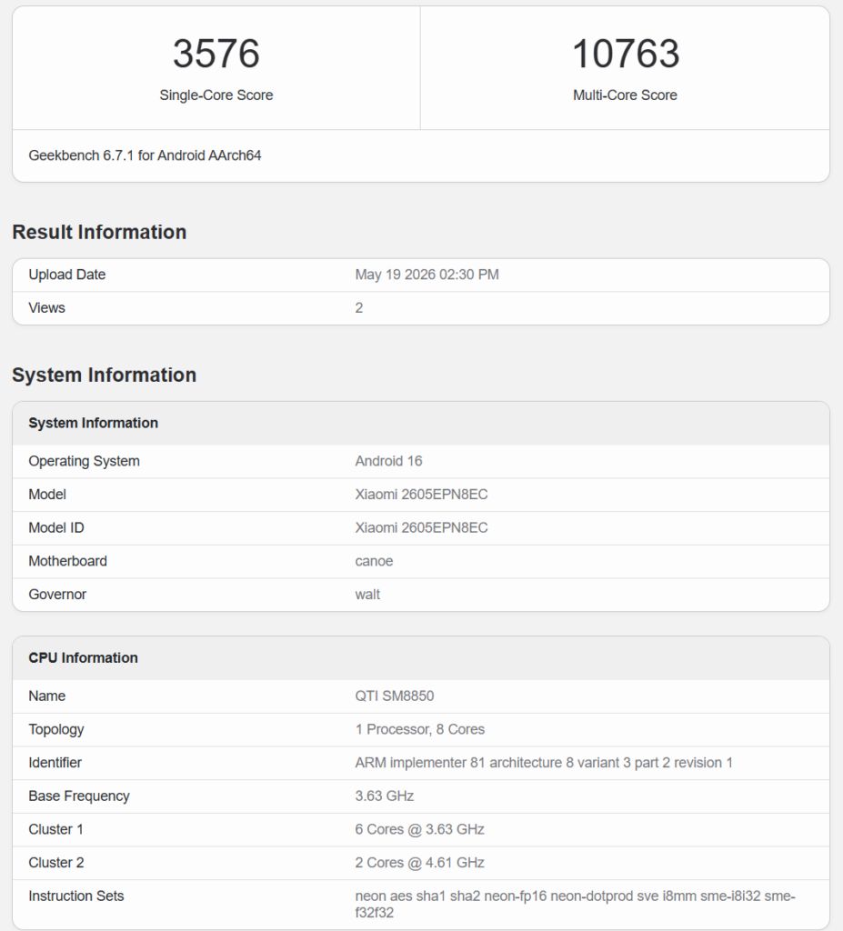 Skor Geekbench Xiaomi 17 Max