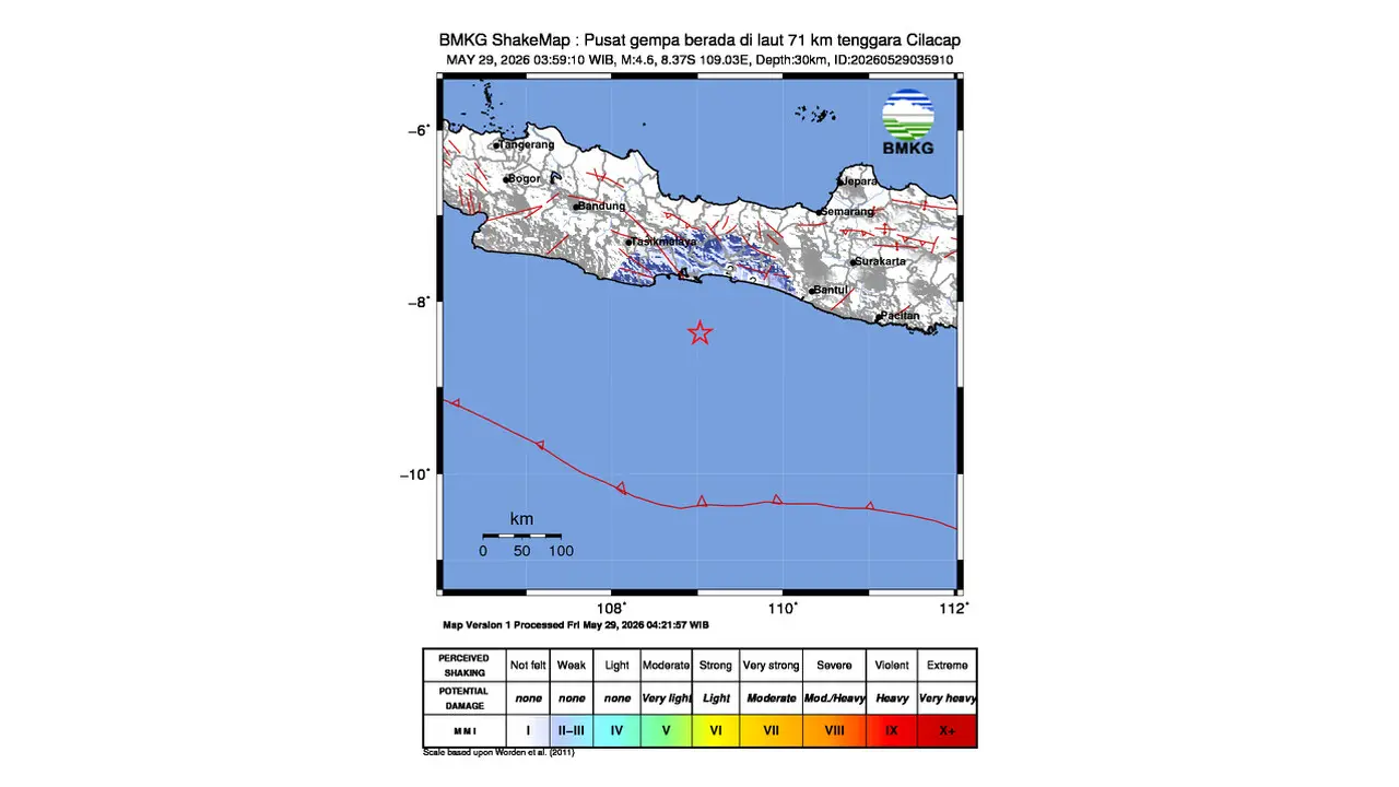 Gempa M 4,6 Guncang Tenggara Cilacap, Jawa Tengah