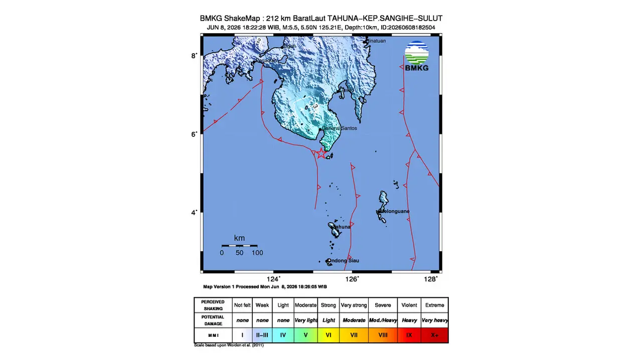 Gempa M 5,5 Guncang BaratLaut Tahuna, Kepulauan Sangihe, Sulawesi Utara